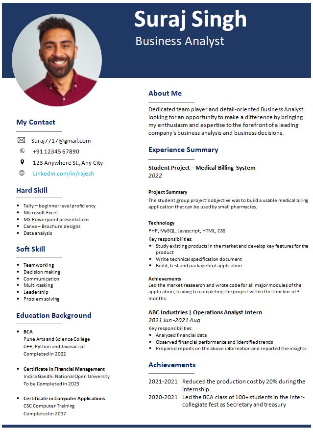 BCA Fresher resume for Business Analyst jobs